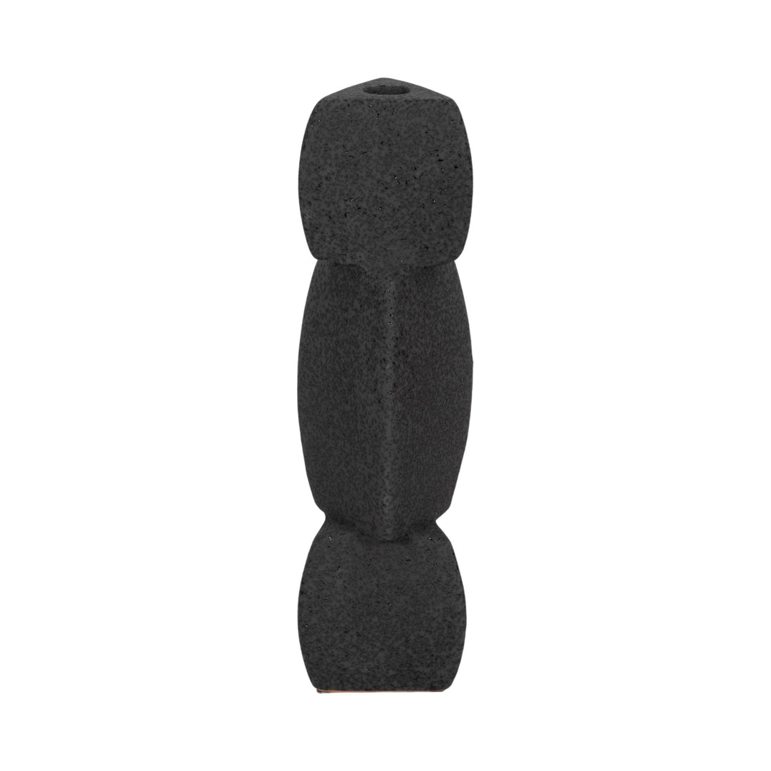 9" STACKED OBJECTS TAPER HOLDER SAND GLAZE, BLACK