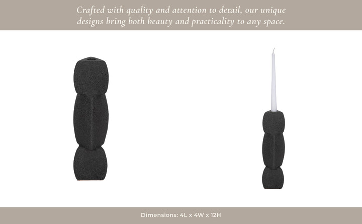 9" STACKED OBJECTS TAPER HOLDER SAND GLAZE, BLACK