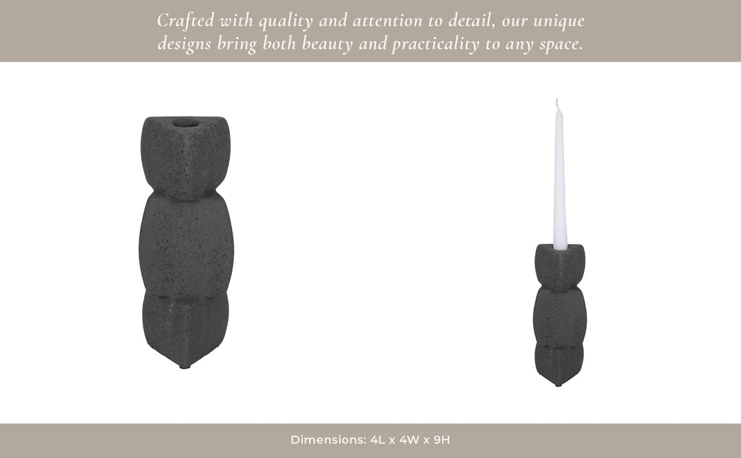 9" STACKED OBJECTS TAPER HOLDER SAND GLAZE, BLACK