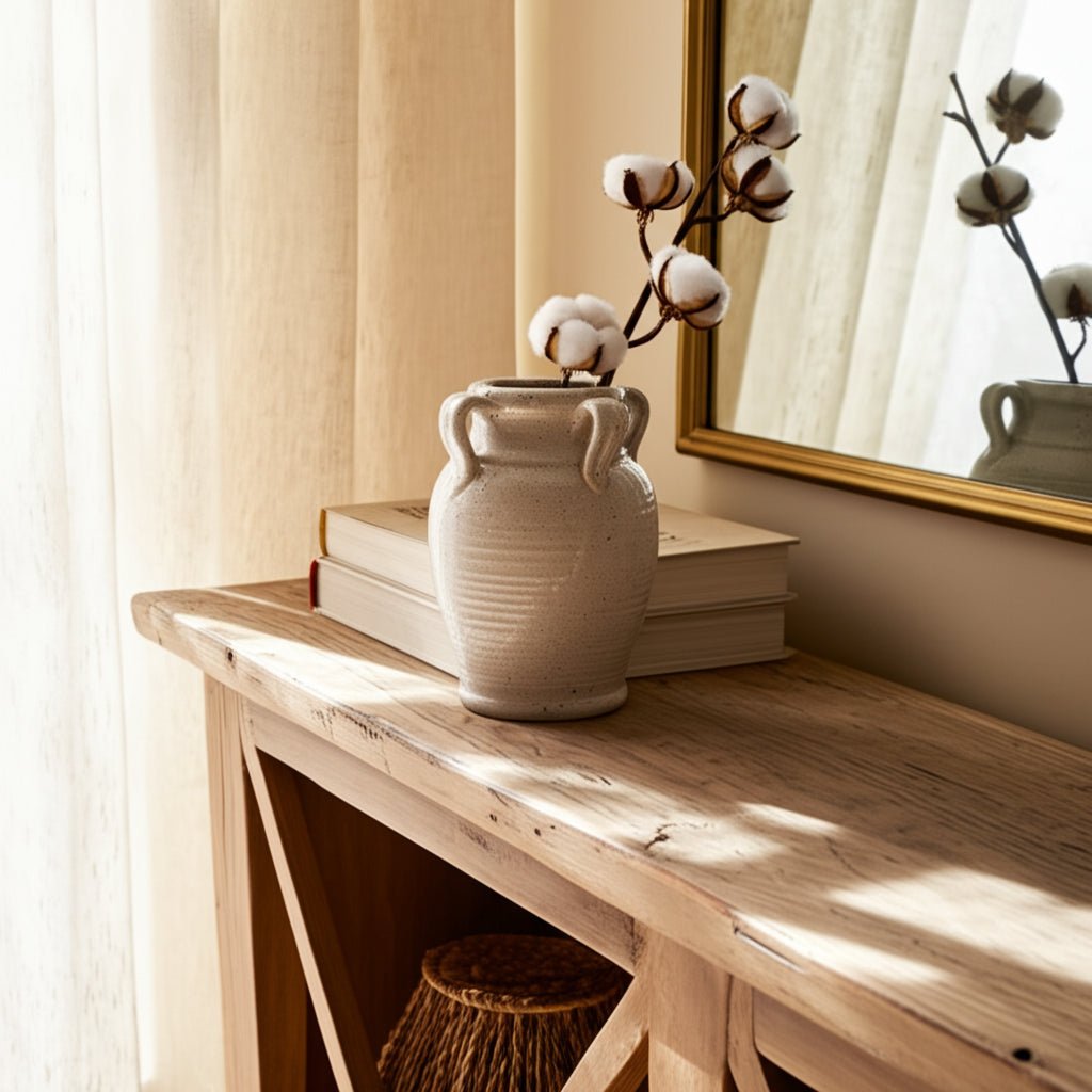 Terracotta Vase With Handles, White Crackle
