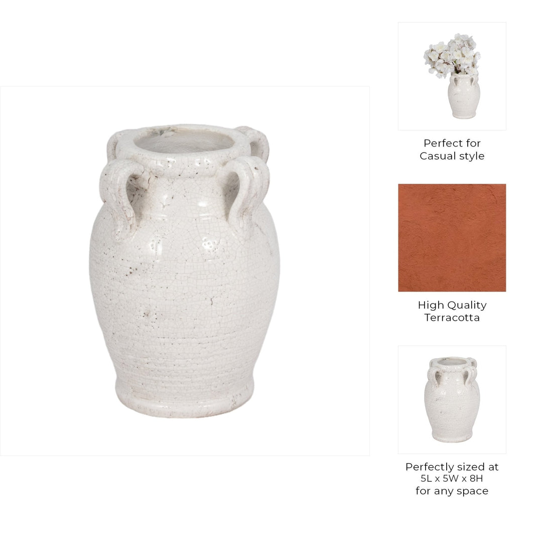 Terracotta Vase With Handles, White Crackle