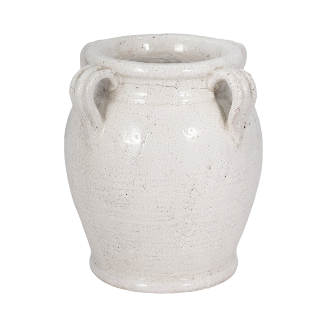 Terracotta Vase With Handles, White Crackle