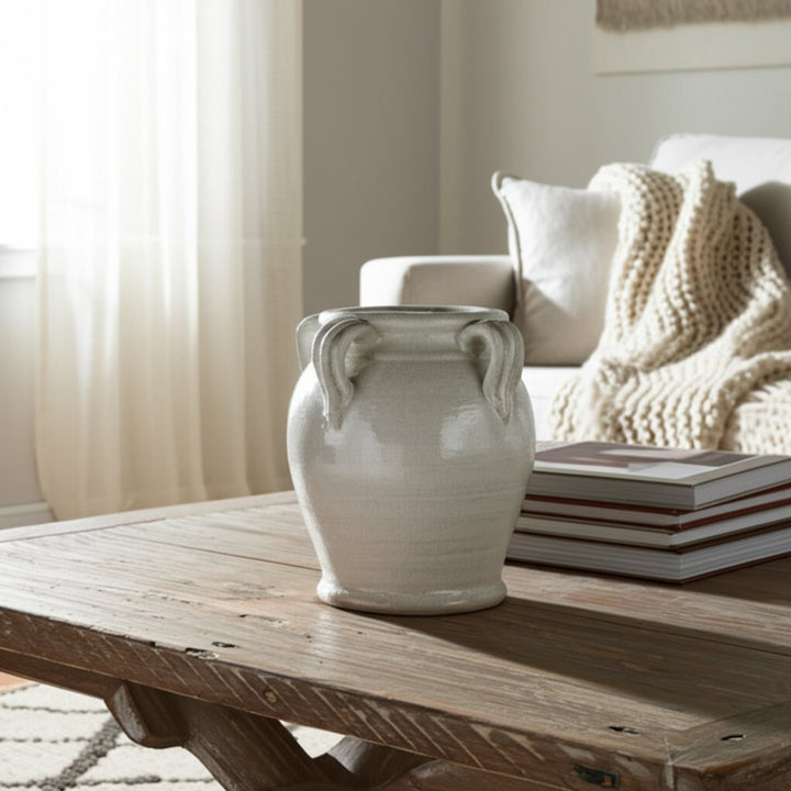 Terracotta Vase With Handles, White Crackle