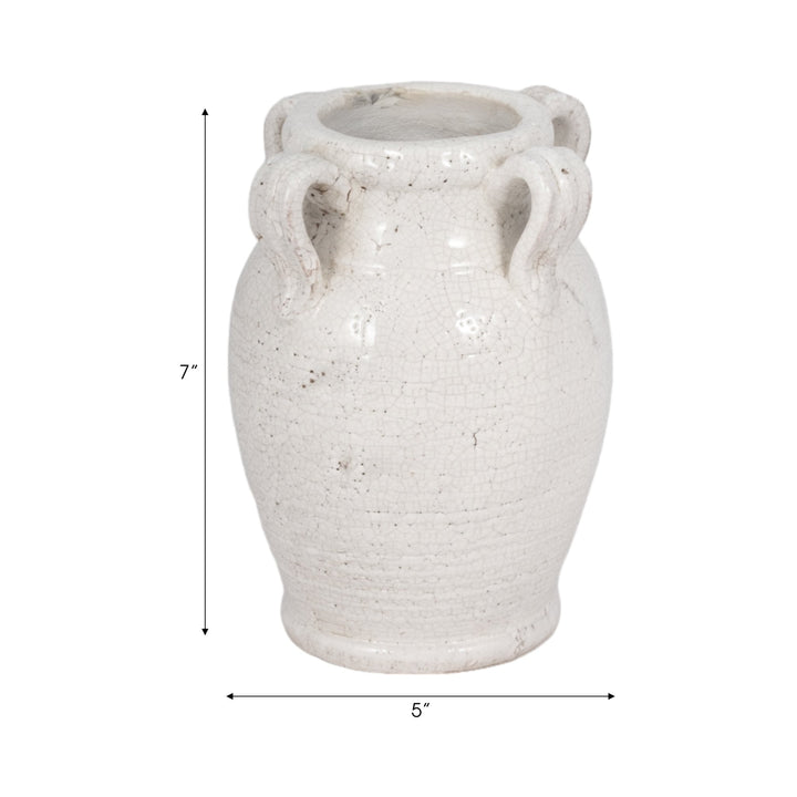 Terracotta Vase With Handles, White Crackle