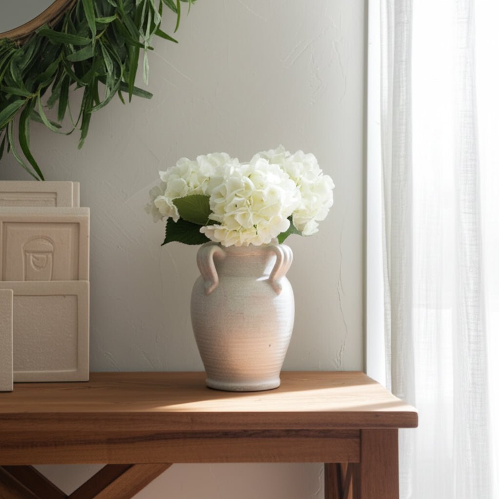 Terracotta Vase With Handles, White Crackle