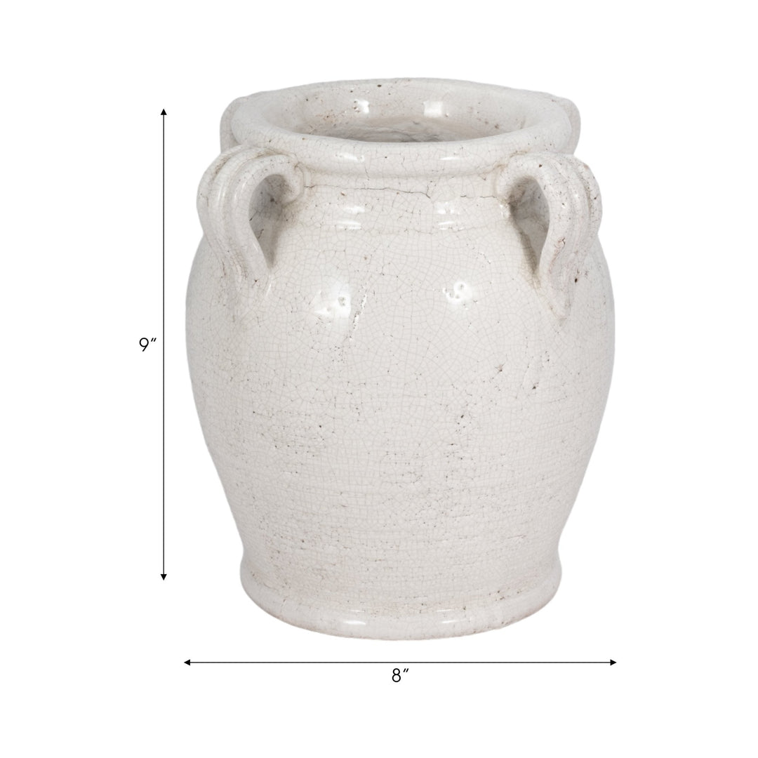 Terracotta Vase With Handles, White Crackle