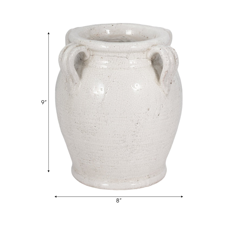 Terracotta Vase With Handles, White Crackle