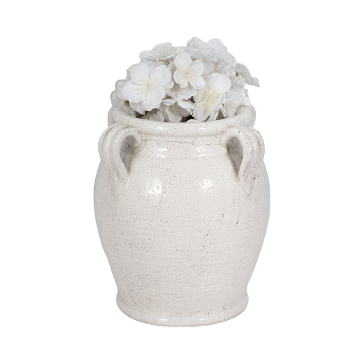 Terracotta Vase With Handles, White Crackle