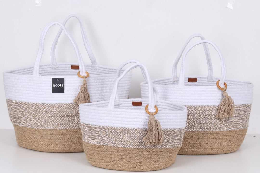 TRI CLR - CTN/JUTE SQR BASKET W/TASSEL O N HANDLE - S/3
