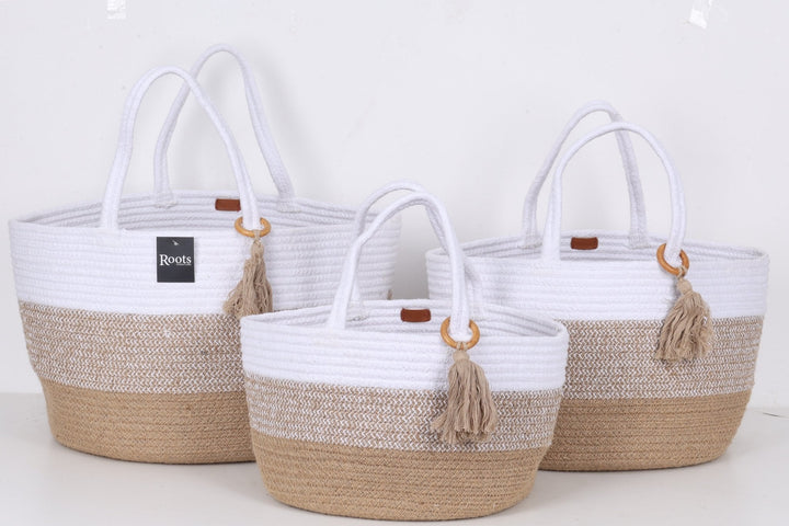 TRI CLR - CTN/JUTE SQR BASKET W/TASSEL O N HANDLE - S/3