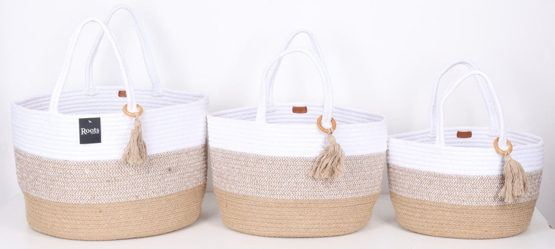 TRI CLR - CTN/JUTE SQR BASKET W/TASSEL O N HANDLE - S/3