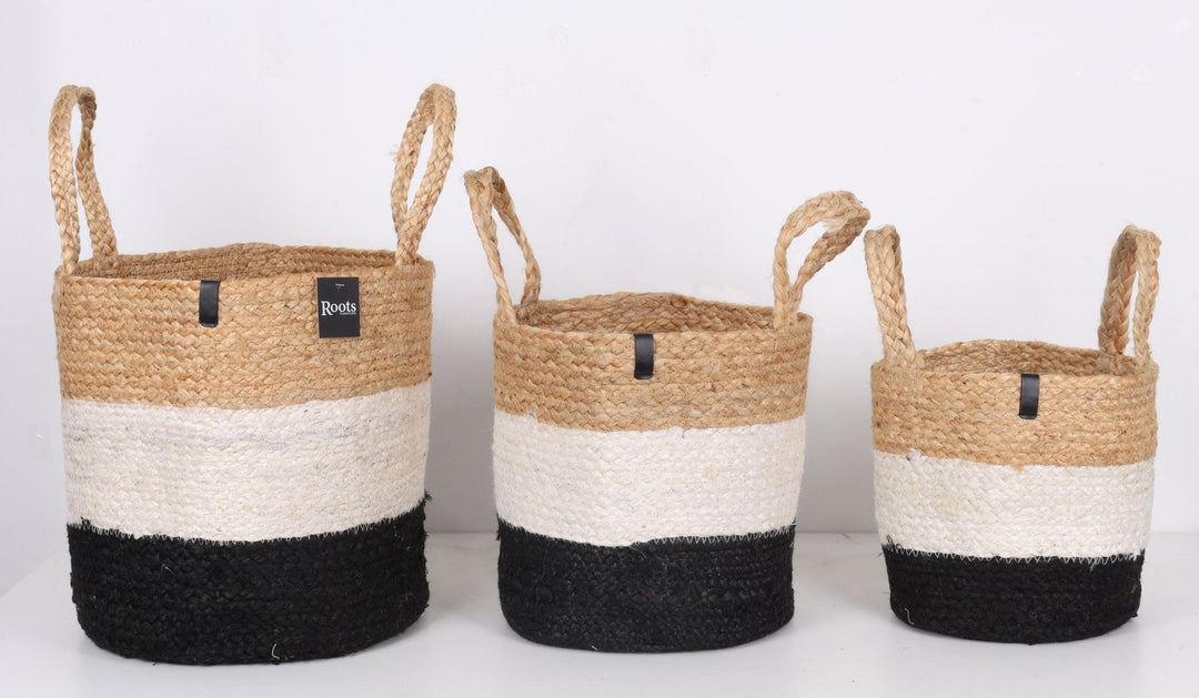 TRI COLOR JUTE BASKET W/HANDLE - S/3