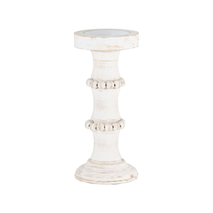 WOOD, 11" ANTIQUE STYLE CANDLE HOLDER, WHITE