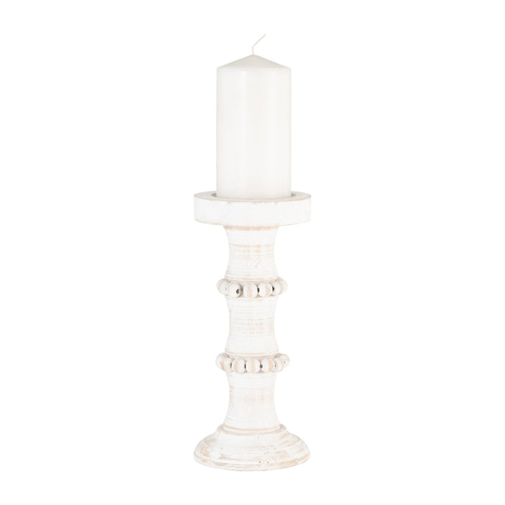 WOOD, 11" ANTIQUE STYLE CANDLE HOLDER, WHITE