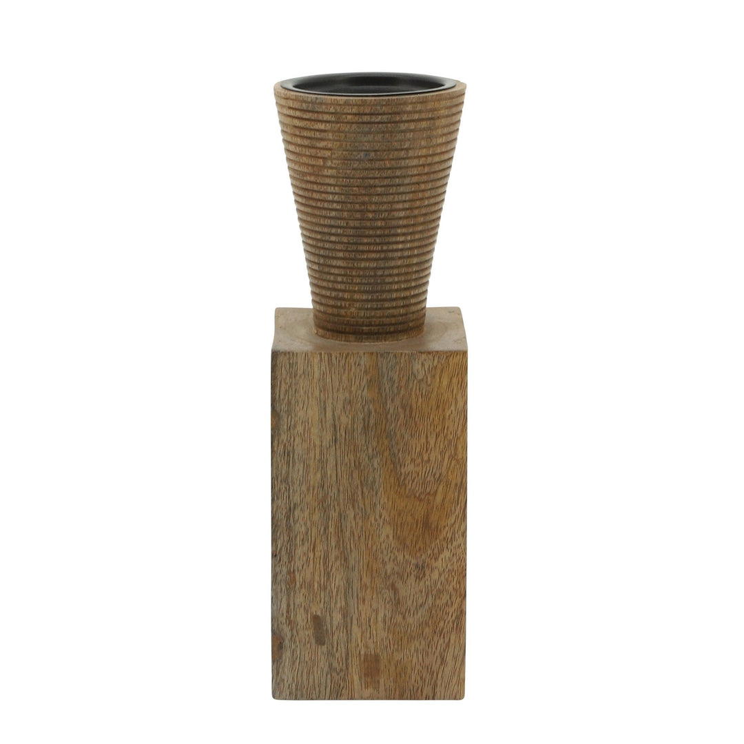 Wood, 11"H, Geometric Candle Holder, Brown