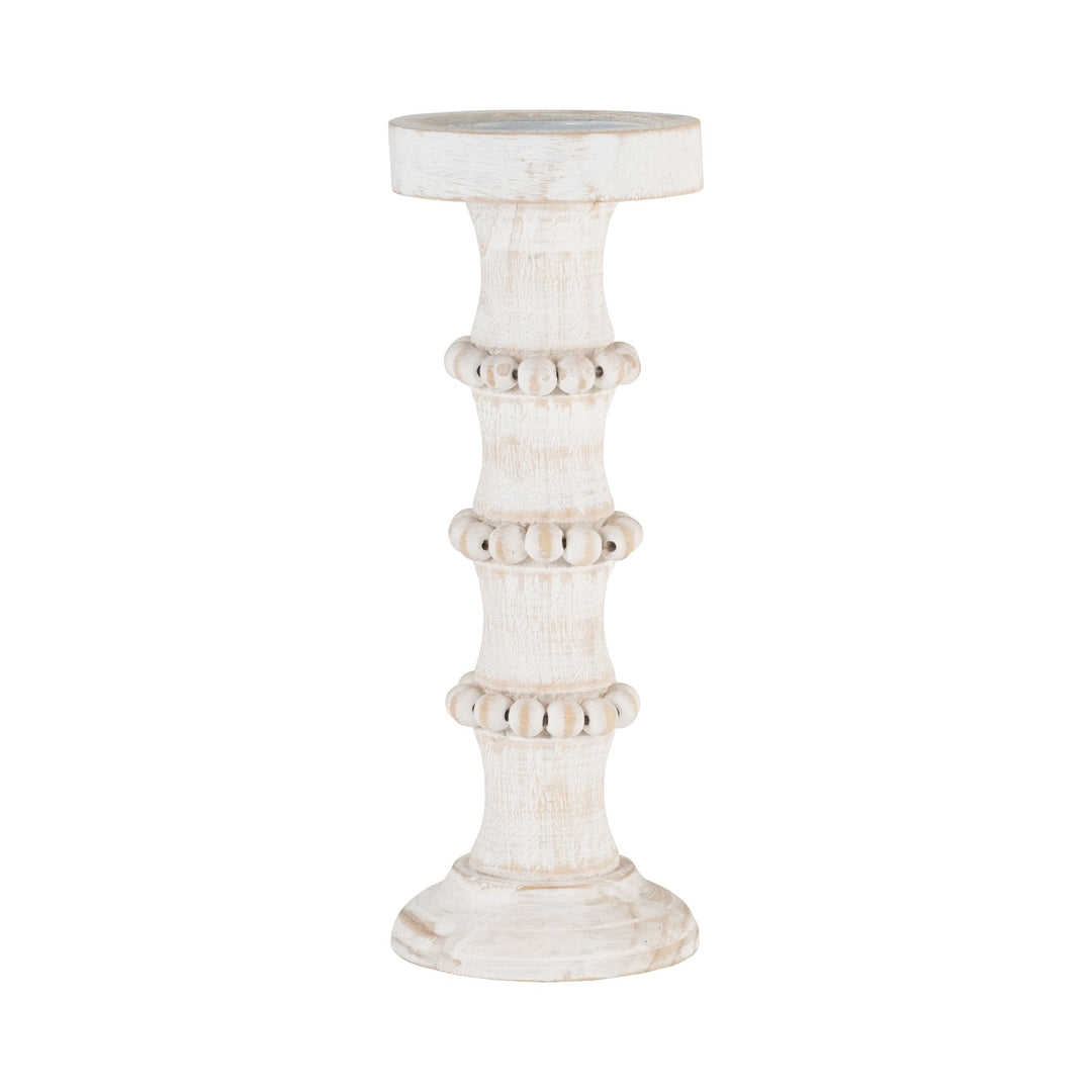 WOOD, 13" ANTIQUE STYLE CANDLE HOLDER, WHITE