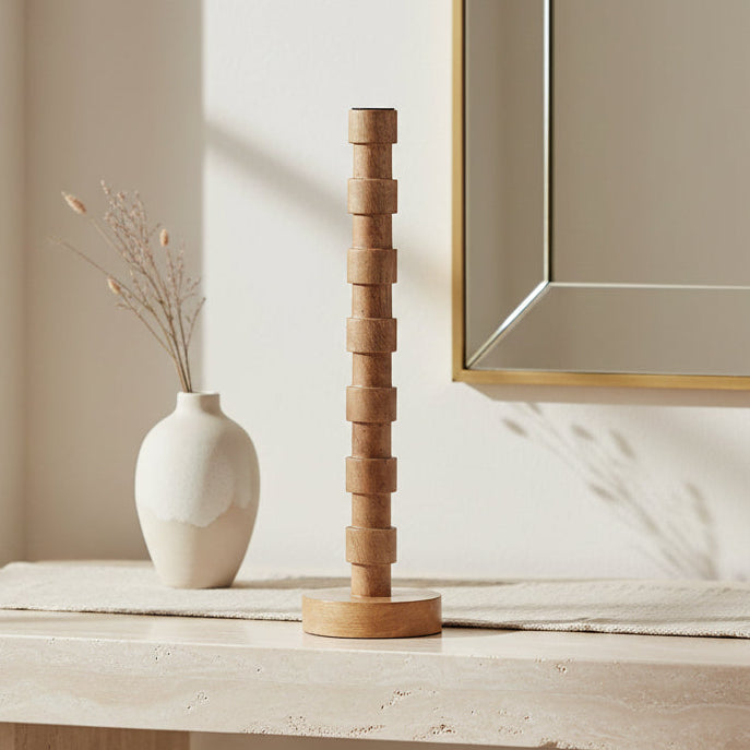 WOOD, 15"H TEXTURED TAPER CANDLE HOLDER, BROWN