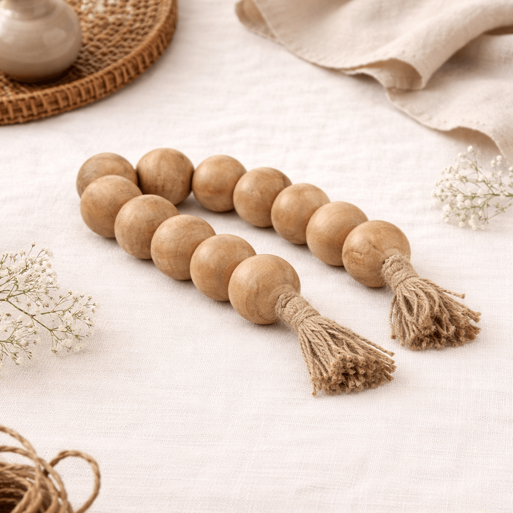 WOOD, 25" LARGE BEADED GARLAND W/ TASSEL, NATURAL