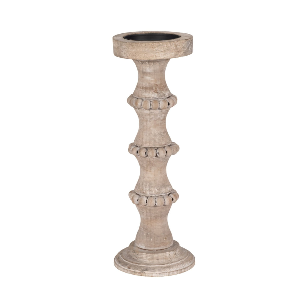 WOODEN 15" BANDED BEAD CANDLEHOLDER, DISTRESSED IV