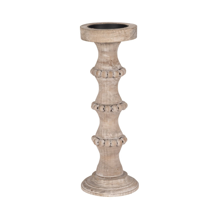 WOODEN 15" BANDED BEAD CANDLEHOLDER, DISTRESSED IV