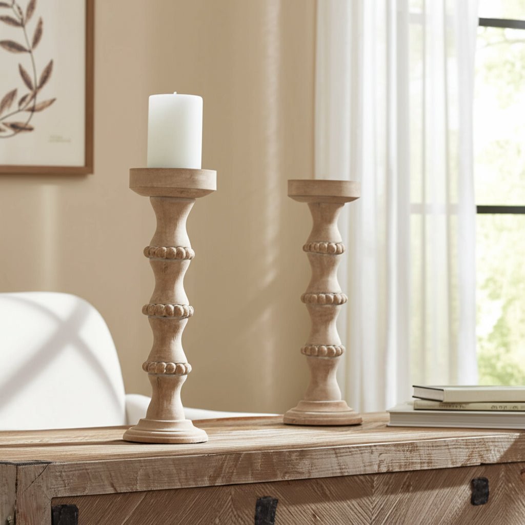 WOODEN 15" BANDED BEAD CANDLEHOLDER, DISTRESSED IV