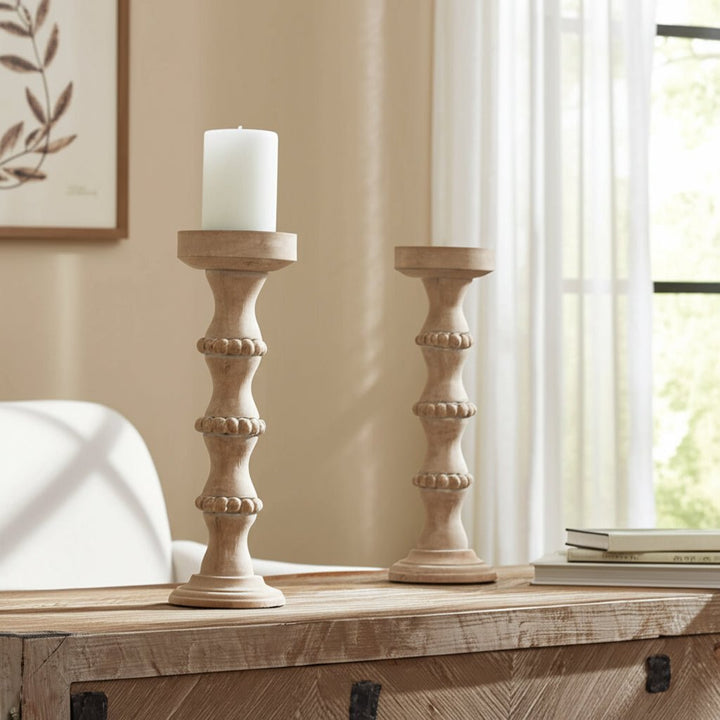 WOODEN 15" BANDED BEAD CANDLEHOLDER, DISTRESSED IV