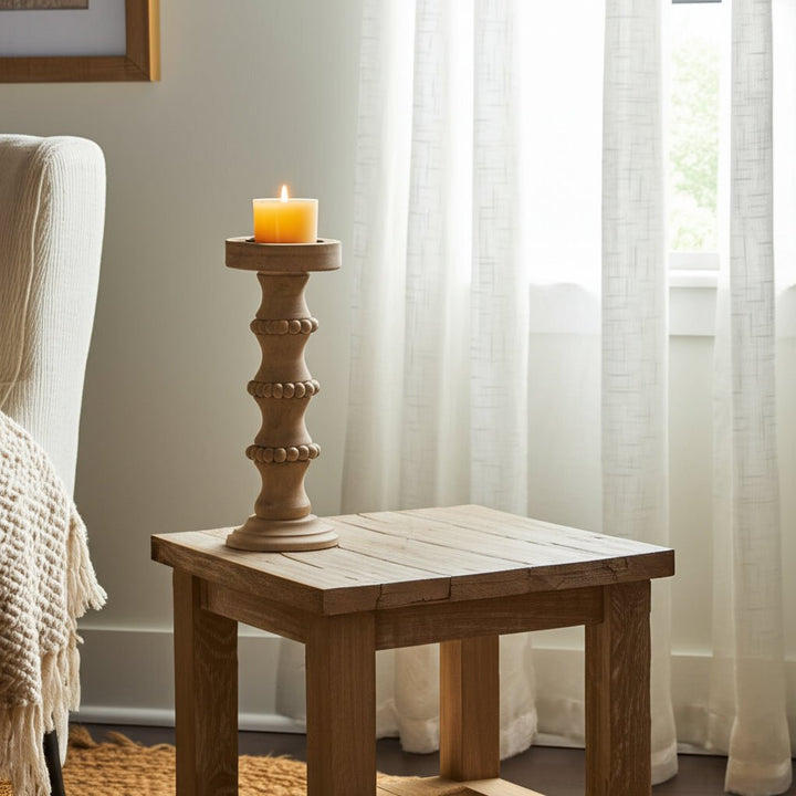 WOODEN 15" BANDED BEAD CANDLEHOLDER, DISTRESSED IV