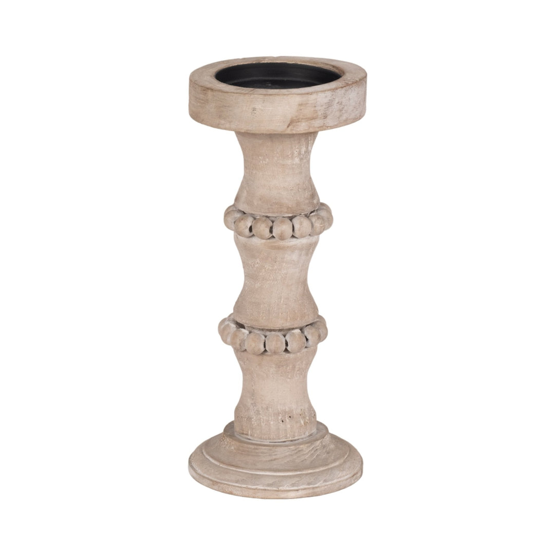 WOODEN 15" BANDED BEAD CANDLEHOLDER, DISTRESSED IV