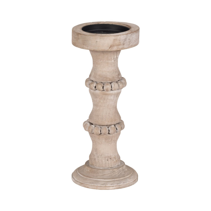 WOODEN 15" BANDED BEAD CANDLEHOLDER, DISTRESSED IV