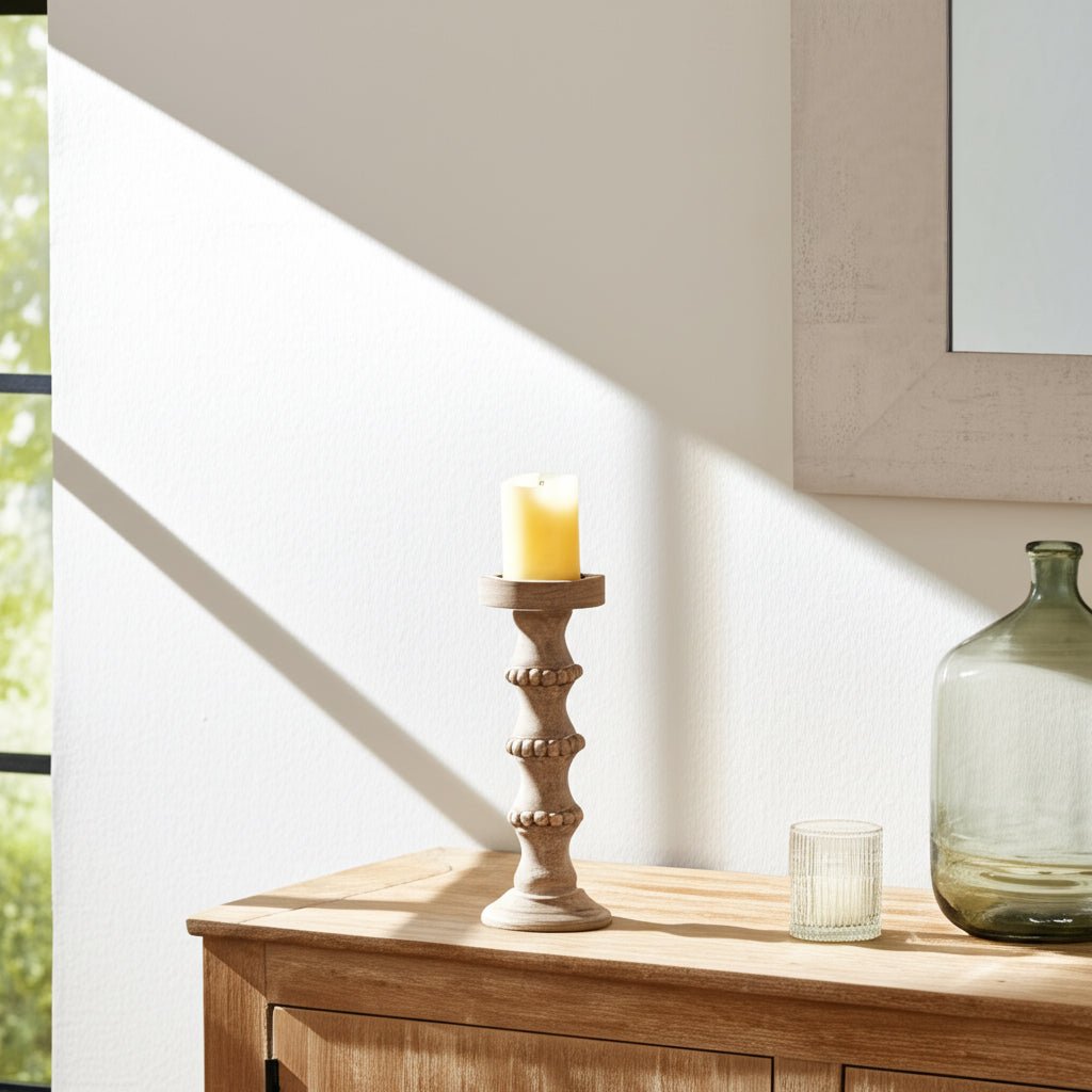 WOODEN 15" BANDED BEAD CANDLEHOLDER, DISTRESSED IV