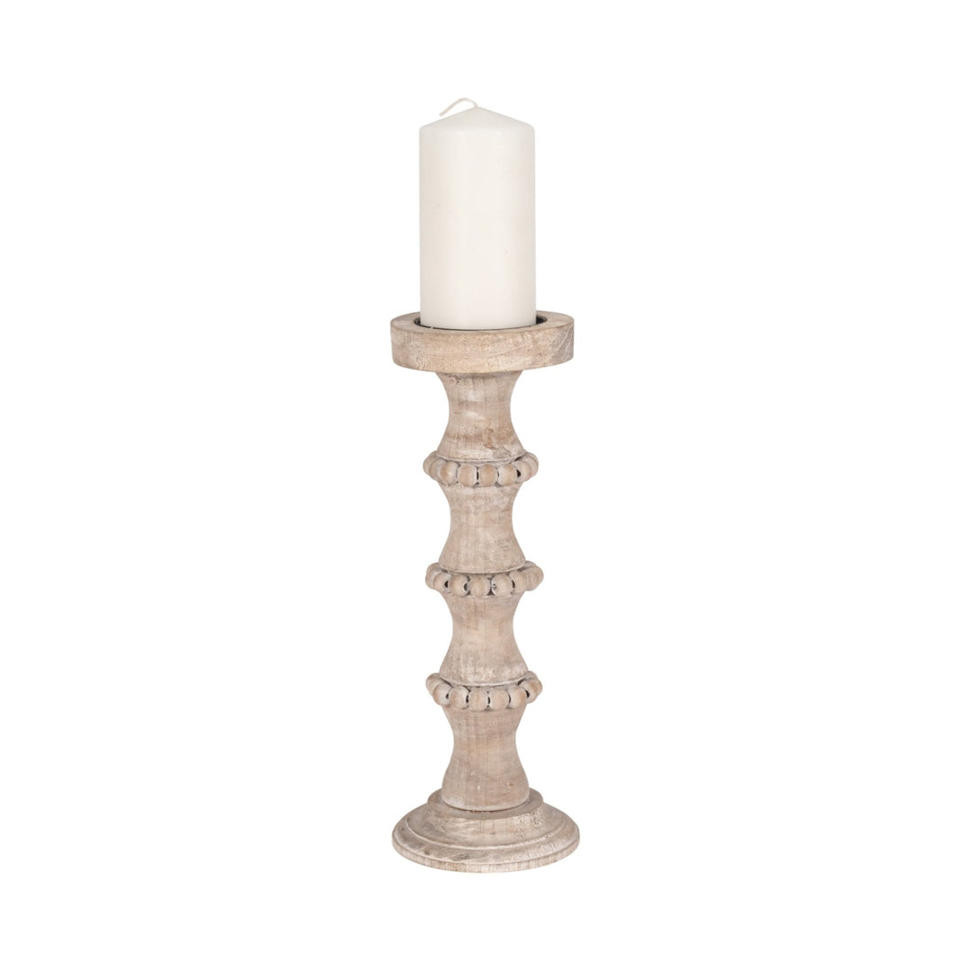 WOODEN 15" BANDED BEAD CANDLEHOLDER, DISTRESSED IV