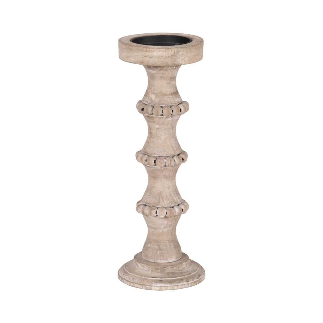 WOODEN 15" BANDED BEAD CANDLEHOLDER, DISTRESSED IV