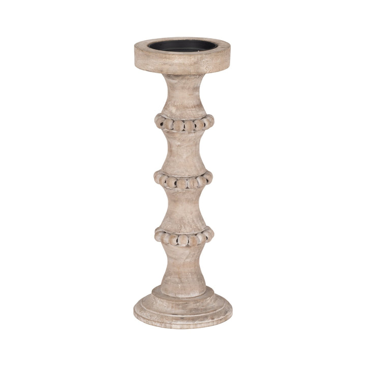 WOODEN 15" BANDED BEAD CANDLEHOLDER, DISTRESSED IV