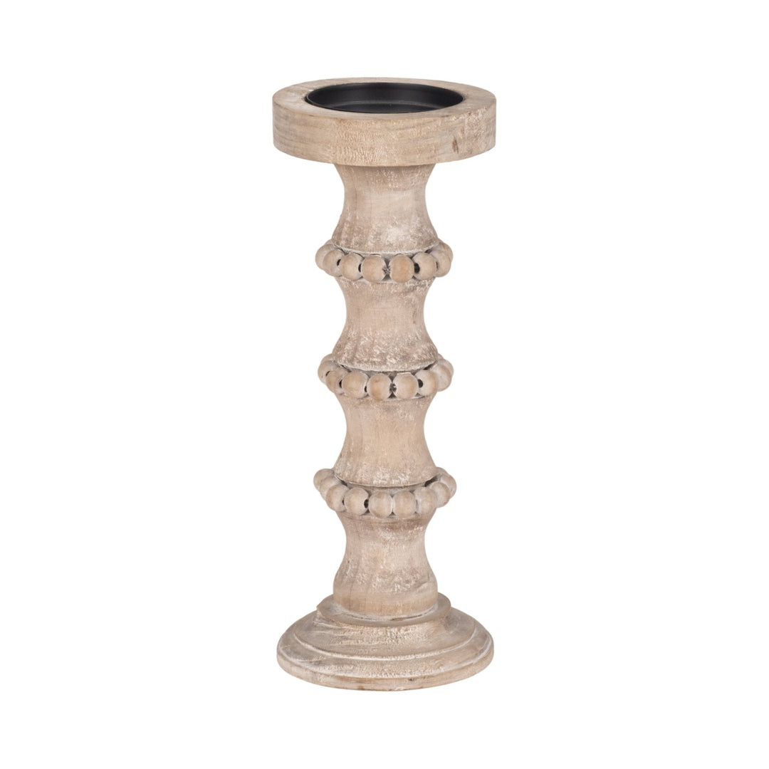 WOODEN 15" BANDED BEAD CANDLEHOLDER, DISTRESSED IV
