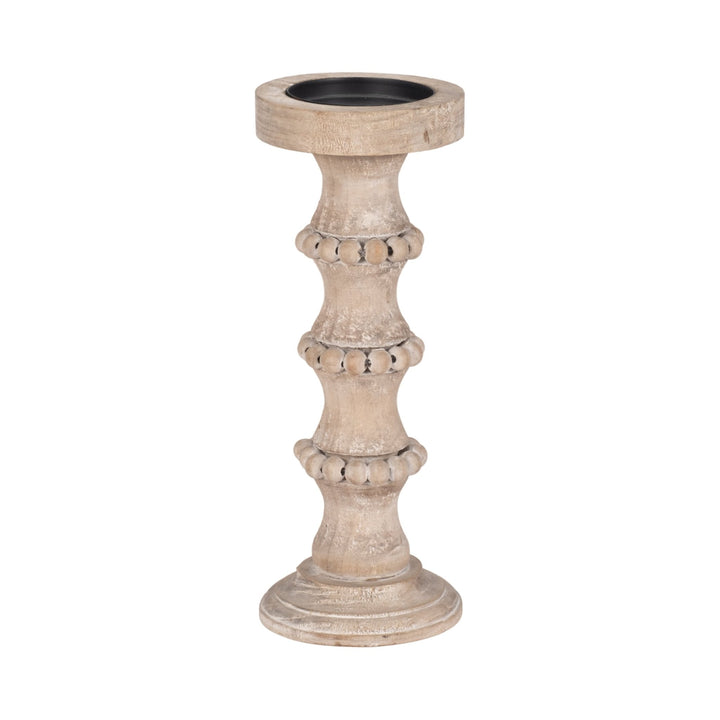 WOODEN 15" BANDED BEAD CANDLEHOLDER, DISTRESSED IV