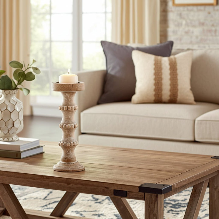 WOODEN 15" BANDED BEAD CANDLEHOLDER, DISTRESSED IV