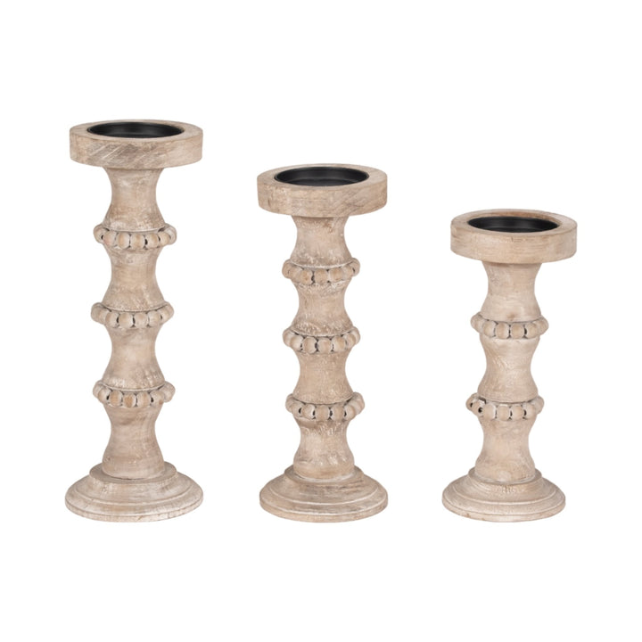 WOODEN 15" BANDED BEAD CANDLEHOLDER, DISTRESSED IV