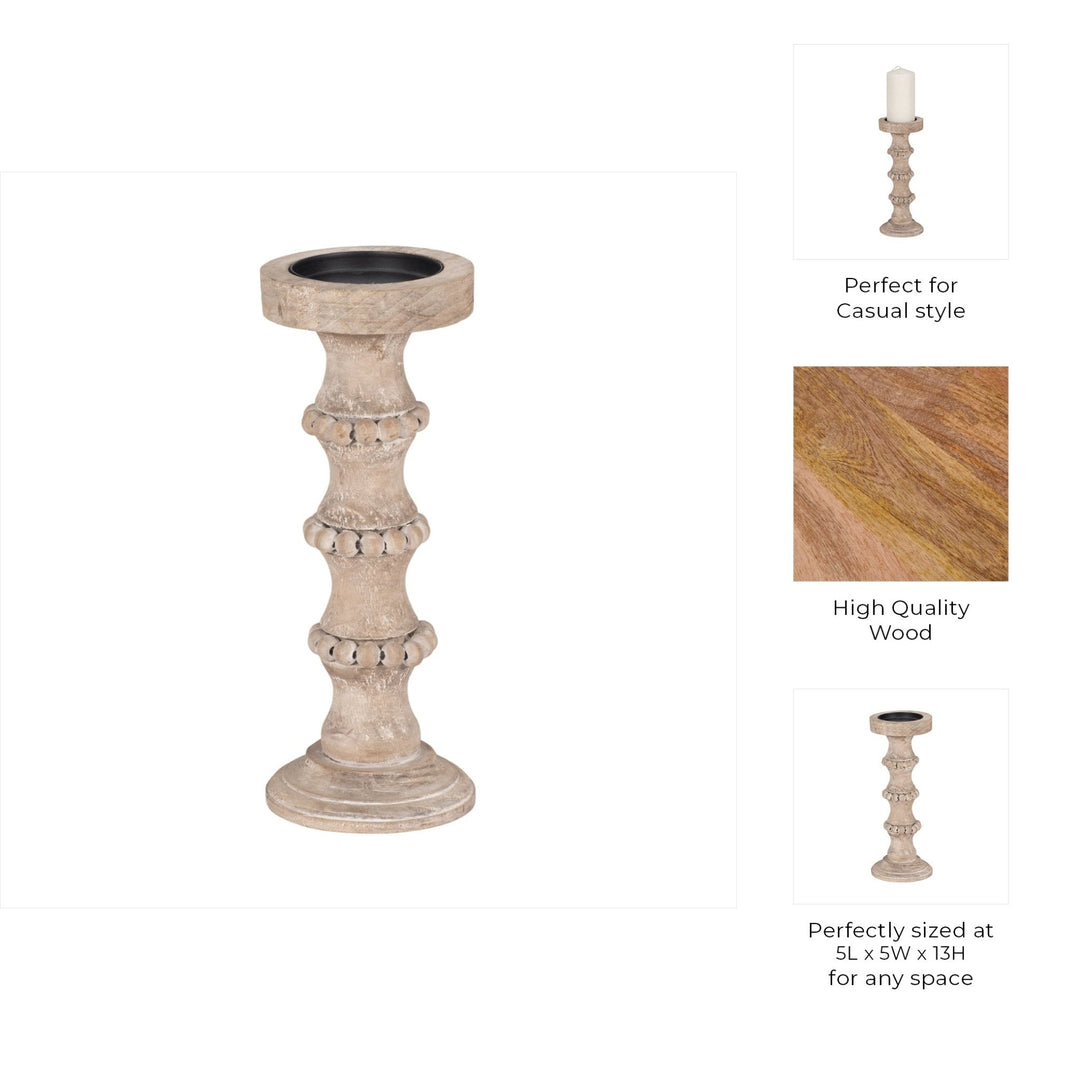 WOODEN 15" BANDED BEAD CANDLEHOLDER, DISTRESSED IV