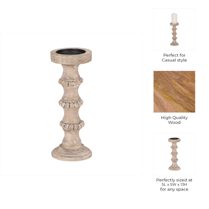 WOODEN 15" BANDED BEAD CANDLEHOLDER, DISTRESSED IV