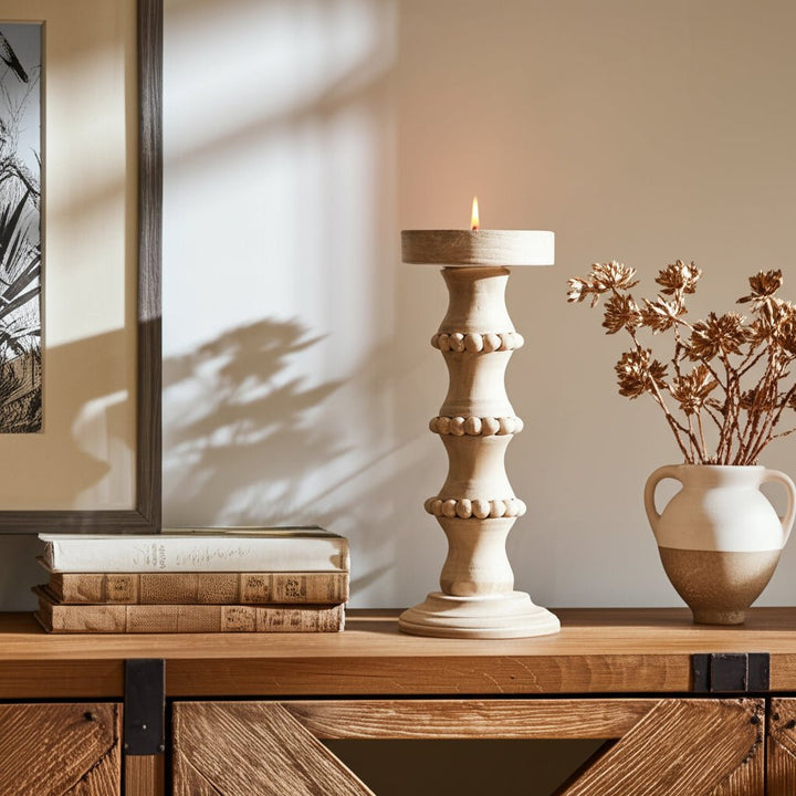 WOODEN 15" BANDED BEAD CANDLEHOLDER, DISTRESSED IV